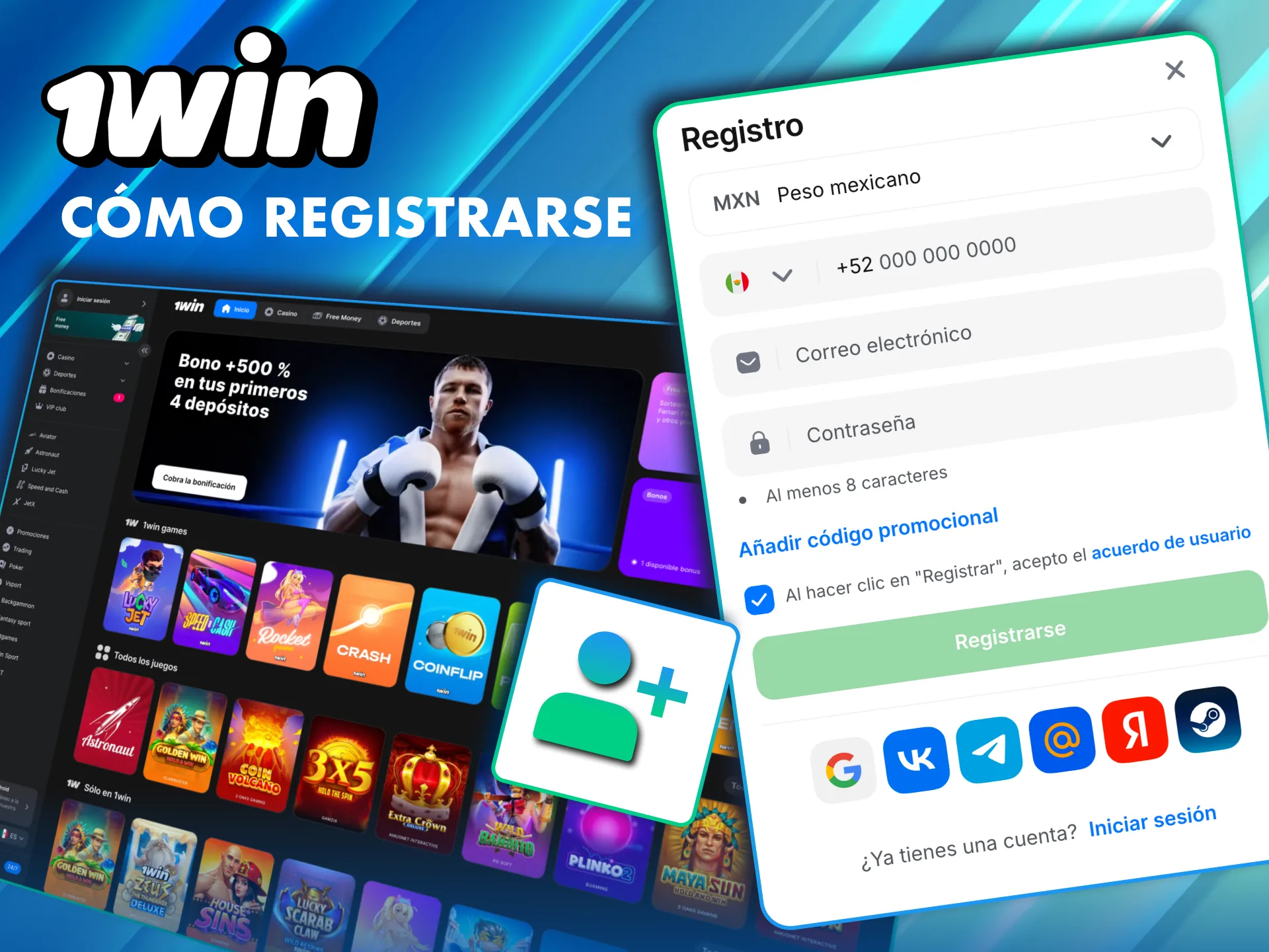 Crear cuenta en 1Win con correo y contraseña.