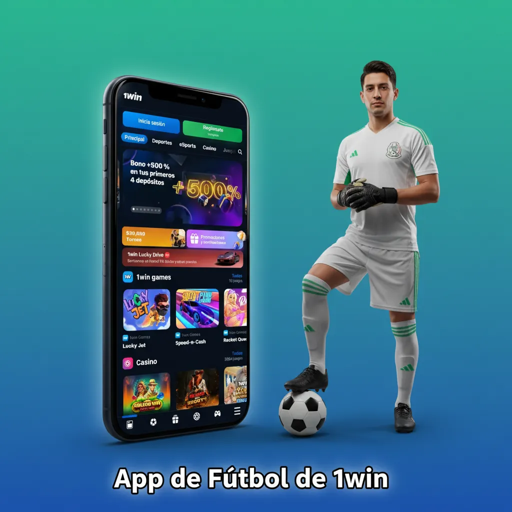 Pantalla de la app 1win con apuestas de fútbol, momios en vivo, cash out y estadísticas, disponible en Android y iOS.